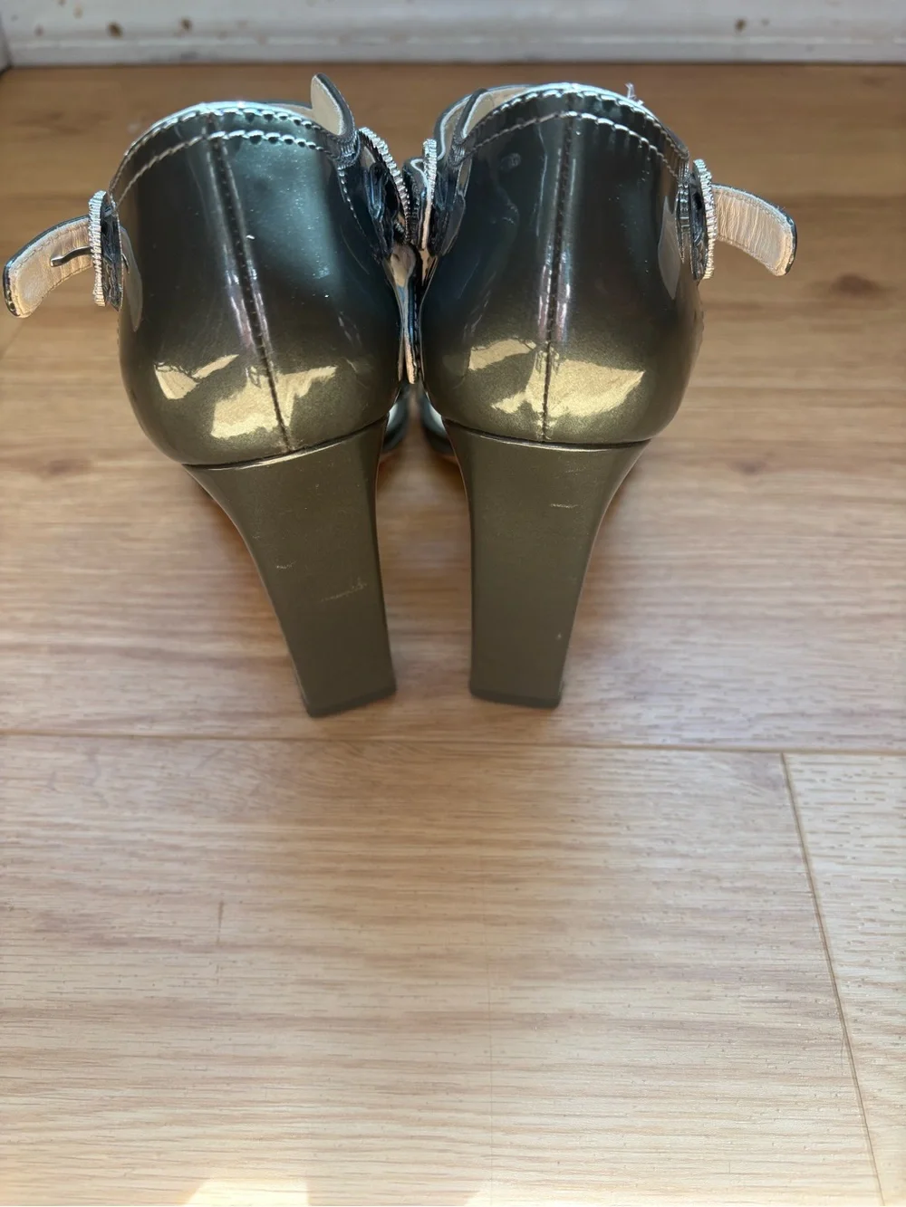 Chanel Metallic Gray Patent Leather Strappy Sandals